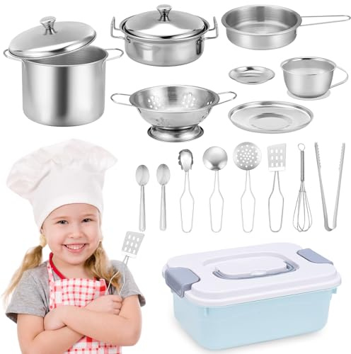 18 Pièces Accessoire Cuisine Enfant, Jouets De Cuisine pour Enfants, Accessoires de Jouets de Cuisine, Jouets de Cuisine en Acier Inoxydable, Chef Jeu de Rôle Ustensiles pour Enfants