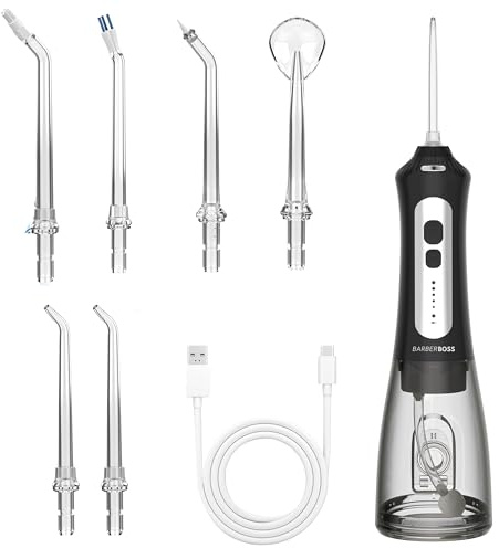 BarberBoss Cordless Water Flosser for Teeth & Gums, 6 Multi-Function Tips, LED Screen, USB Rechargeable, Electric Oral Irrigator for Braces, Implants & Gum Health (Black)