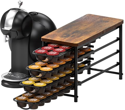 Soporte para cápsulas de café de 4 niveles para Dolce Gusto, 56 cápsulas de capacidad, cajón de almacenamiento de cápsulas de metal con parte superior de madera, organizador de café deslizante