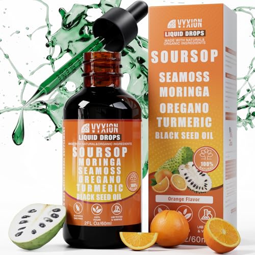 Soursop Bitters Liquid Drops 10 in 1 with Sea Moss, Moringa, Turmeric, Black Seed Oil, Oregano, Ashwagandha | Herbal Extracts for Overall Health-Enhancing | Vegan, Non-GMO | 2 Fl Oz (Orange Flavor)
