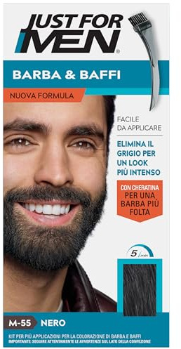 Just For Men Barba & Baffi, Tinta Per Uomo Con Cheratina, Per Una Barba Più Folta, Tintura Senza Ammoniaca, Elimina I Peli Grigi, Con Pettine Applicatore, Colore Nero, M55