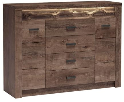 Mirjan24 Kommode Indiano I-07 mit 4 schubladen, Highboard, Anrichte, Mehrzweckschrank, Sideboard, Wohnzimmer Schrank (Esche Dunkel, ohne Beleuchtung)