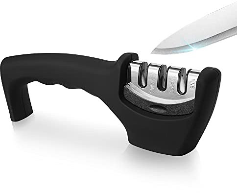 Ooputo Kitchen Knife Sharpener - Professional 3 Stage Manual Sharpeners - Ergonomic Handle and Non-Slip Base - Safe Sharpening Tool - Easily Honing Knives in a Breeze, Black.