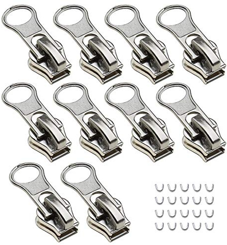 10x Kit de reparación de cremalleras plateadas 5 #, deslizadores de tiradores de cremalleras de resina de repuesto con topes en forma de U para mochilas de ropa 25x11mm