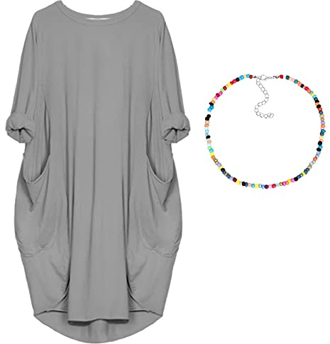 aromm Femme Col Rond T-Shirt Robe Ample Plaine Décontractée Grande Taille Midi Robes de Poches Gris,5XL