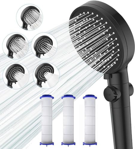 Dokkita Soffione Doccia Anticalcare Alta Pressione con 3 Filtri, Doccetta a Risparmio Idrico con 5 Modalità di Getto e Pulsante di Arresto, Multi-Functional High Pressure Shower Head - Nero