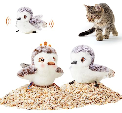 Potaroma Cat Toys 2 Pcs Flapping Sandpiper Pair-Mate, Lifelike Birds Chirp, Chargeable Touch Activated Kitten Fun Interactive Kitty Exercise with Catnip for All Breeds