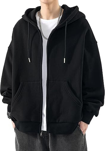 OLIPHEE Sweat à Capuche Zippé Homme Couleur Unie Pull Manches Longues avec Poches Sweatshirt Sportswear Veste Hoodie Casual Ample Printemps Été Automne A-Noir XXL