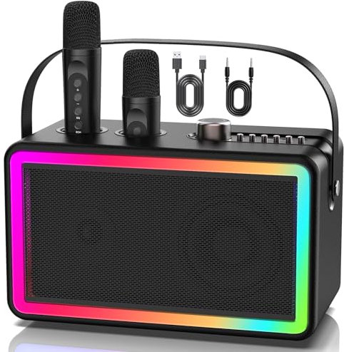 Máquina de karaoke, altavoz de karaoke con 2 micrófonos de karaoke inalámbricos, máquina de karaoke retro para adultos y niños, altavoz Bluetooth con sistema PA, luces LED, soporta tarjeta TF, USB