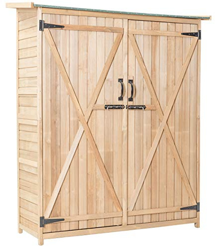 KOMFOTTEU Cobertizo de Jardín de Madera, Caseta de Herramientas Exterior con Estantes, Armario de Almacenaje Resistente con Techo de Asfalto Inclinado y Puertas Doble Cerradura, 140 x 50 x 162 cm