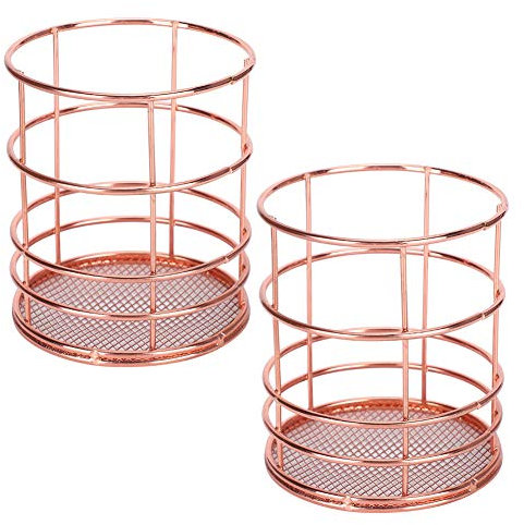 Set of 2 Pen Holder Round Rose Gold Desk Storage Basket Metal Mesh Makeup Organiser