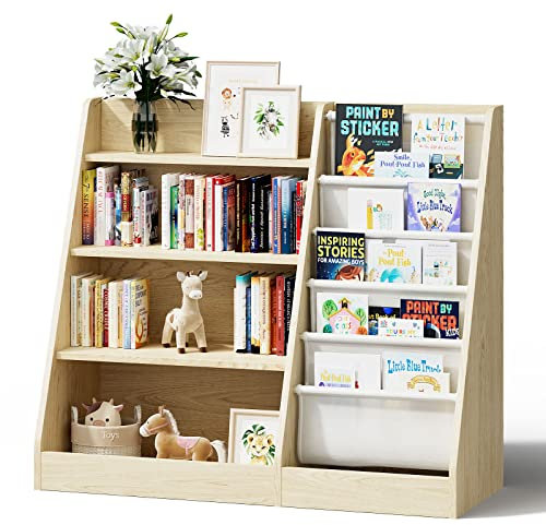 KEEPREAPER Kinderregal Bücherregal für Kinder 90x40x80cm, mit 5 Ablage und 4 offenen Fächern, Holz, Spielzeugregal, Spielzeug-Organizer für Kinderzimmer, Natur