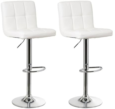LOLAhome - Set de 2 Taburetes Altos Cocina Giratorios en 360°, Juego de Sillas de Bar Regulables en Altura de 93 a 113 cm, con Respaldo de Polipiel, Estructura Metal y Reposapiés, Blancos