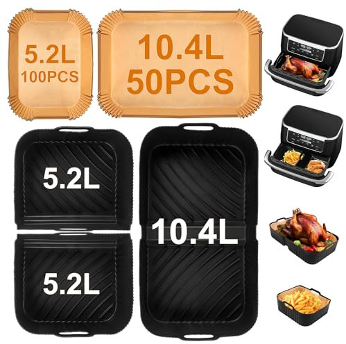 UDUK Accessoires de Friteuse à Air Chaud pour Ninja AF500EU 10,4L et 5,2L, 3 PCS Moules en Silicone Réutilisables et 150 PCS Feuilles de Papier Sulfurisé Airfryer Accessoires pour Friteuse