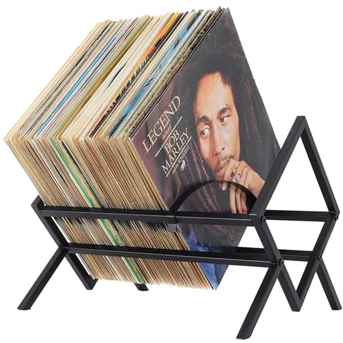 Refein Vinyl Record Storage Holder CD Rack, Metal Vinyl Record Stand 80-100 LP Storage Unit, CD Display Shelf for Albums Audio Magazine Organiser Easy to Assemble, Black