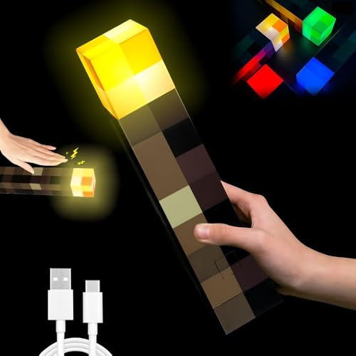 KBIBCK Light-Up Wall Torch Night Light 28 cm, 3D Torch Light, Craft Torchs Lamp with 8 Colors, USB Rechargeable for Bedside Lamp with Flame Effect & Timing, Mi-ne-Craft Lighting Gifts for Boys & Girls