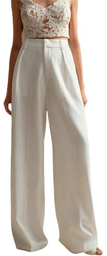 DAIHAN Pantaloni da Donna a Vita Alta Casual Eleganti Pantaloni da Ufficio con Tasche Gamba Larga Lunghi Palazzo per Ufficio e Occasioni Business,Bianco,M