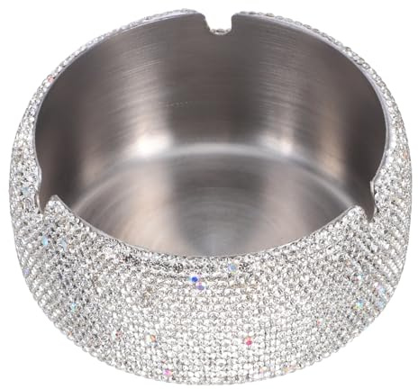 VALICLUD Ashtray Ash Tray for Smokers Stylish Rhinestone Stainless Steel in Silver with Windproof and Antidrop Design Indoor and Office Tabletop