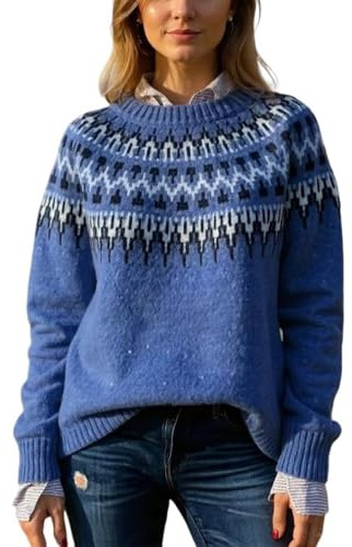 Jersey noruego para mujer, invierno, otoño, cuello redondo, suéter de invierno, cálido, manga larga, suéter de punto, informal, suéter noruego, cómodo jersey de punto, elegante, suéter de isla justa