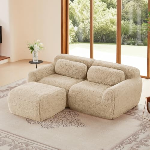 Wyibwy Sofá en forma de L de 2 plazas con cojines, sofá seccional con puf, sofá de esquina con base antideslizante, relleno de espuma 32D, tela suave, no requiere montaje, caqui claro