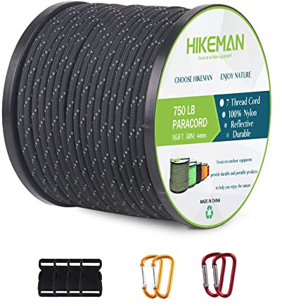 Nylon 750Lb Paracord 4mm Cord - 50m Parachute Cord with 7 Wires,Multifunction Reflective Outdoor Survival para cord(Black)