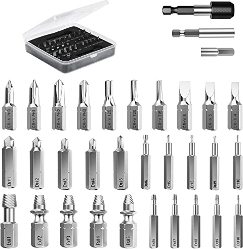 Nuovoware Damaged Screw Extractor Set, 33 PCS Easy Out Stripped Screw Extractor Kit, HSS Broken Screw Remover Set with 2 Magnetic Extension Bit Holder & Socket Adapter, Black
