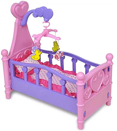 Bakaji Berceau pour poupées Lit bébé pour poupées avec Giostrina Pivotant Draps et Coussin en Tissu Blanc et Rose Structure en Plastique Jouet Enfants Taille 49 x 49 x 28 cm