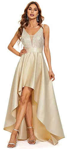 Ever-Pretty Robe de Soiree Femme Asymétrique Longue Paillettes Col V A Line Brillante Chic Or Rose 38