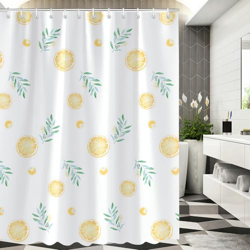 Lerores Duschvorhang 240x200cm Zitronenblätter Pflanze, Beschwerter Saum Antischimmel Textil, Wasserabweisend, Waschbar Polyester Stoff Badevorhänge für Badezimmer, Badewanne mit 14 Duschvorhangringe