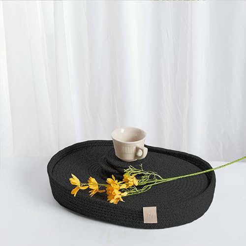 Placemats Set of 6 Oval – Woven Boho Farmhouse Table Mats for Dining Table for 6, Kitchen Decor, Washable and Handmade Rustic Accessories (Black, Oval Plus)