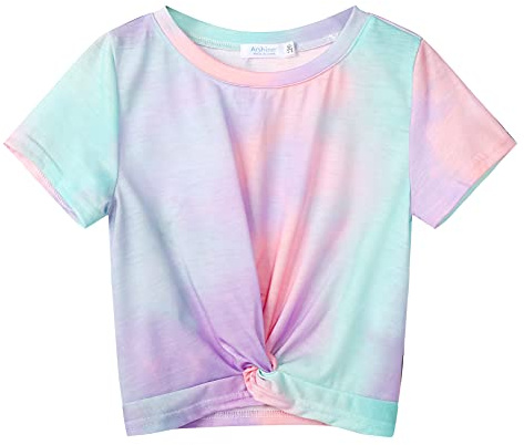Arshiner Girls T-Shirts Twist Front Kids Summer Printed Round Neck Short Sleeve Tops Casual Fashion Tee Shirt for Girls 9-10 Years