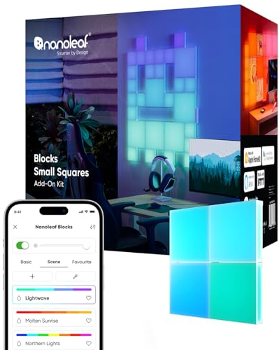 Nanoleaf Blocks Expansion Kit | 4 Mini Squares (Requires Starter Kit), RGBW Color-Changing Panels, Adjustable Colour Temperature 1200K-6500K, Soft Lighting Cozy Ambiance (11.6 x 11.6 cm Each)