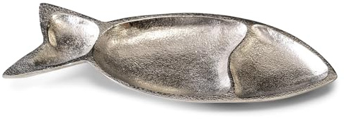 IHI EST. 1986 India Handicrafts Nautical Design 4 x 11 Inch Polished Aluminum Textured Fish Shaped Sectioned Serving Dish Platter Plate, Silver Tone, Small