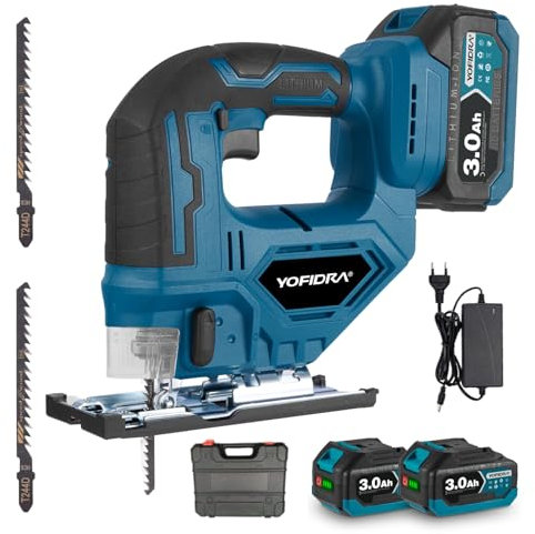 Yofidra Seghetto alternativo a Batteria 750W, 2 batterie da 3,0 Ah, Profondità di Taglio 65 mm, 0-3000 SPM, 3 impostazioni orbitali, per legno, metallo e plastica