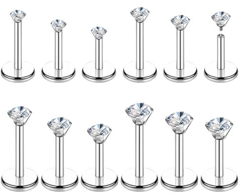Telooco 12 Stück Tragus Piercing Silber Zirkonia Helix Piercings Chirurgenstahl Nasenstecker Gewinde Lippenpiercing 16G Helix Stud Piercing Herren Damen Stäbe Stecker Tragus Piercingschmuck