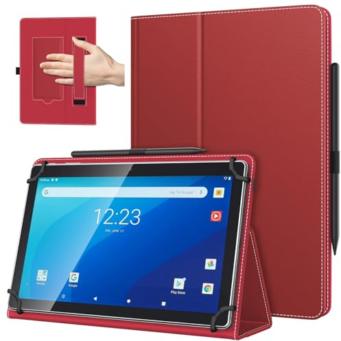 TiMOVO Custodia Universale per Tablet Android 10,1 Pollici con Anello per Penna, Cover Leggera e Pieghevole in Piedi con Cinghia a Mano per Tutti i Tablet Touchscreen da 9,6-11 Pollici, Rosso Scuro