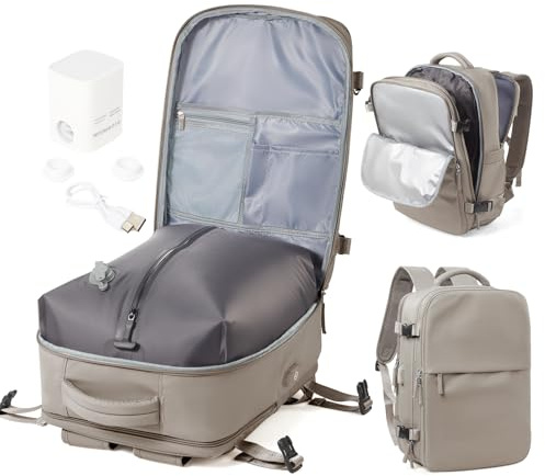WEPOET Mochila Viaje al Vacío con Bomba, Mochila de Viaje Cabina Avion 40x30x20 Ryanair,Impermeable Mochila Compresion al Vacio Para Portatil 14 Hombre y Mujer(Marrón grisáceo)