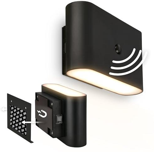 BRILONER Sticklights - Lampada parete senza fili con rilevatore di movimento batteria ricaricabile, staccabile magneticamente, applique a batteria, applique da interno, 16x9,5x6,5 cm, nero
