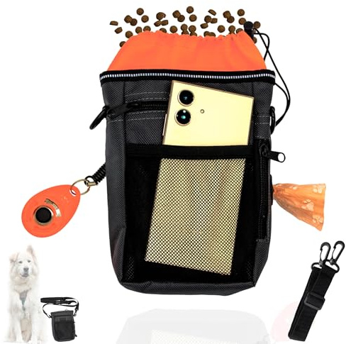 YEibi Bolsa Premios Perro con Clicker - Riñonera de Entrenamiento Canino y Paseo con Dispensador de Bolsas para Heces, Porta Chuches y Accesorios, Naranja