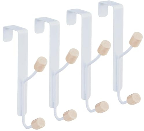 Kaiyzo 4 Pezzi Appendiabiti da Porta Gancio Appendiabiti Resistente Senza Foratura con 2 Ganci in Legno Appendi Strofinacci Cucina per Soggiorno Camere da Letto Armadi e Bagno Bianco