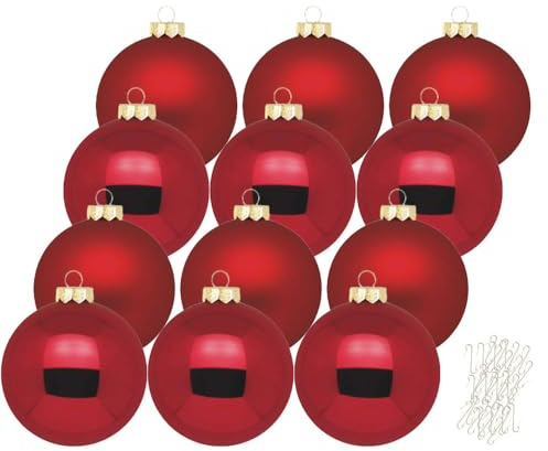 Inge Glas große Weihnachtskugeln mit Haken | Christbaumkugeln aus Glas | Set 12 Kugeln 8cm groß und 40 Aufhänger | Christbaumschmuck Weihnachtsbaumkugeln (Ochsenblut rot)