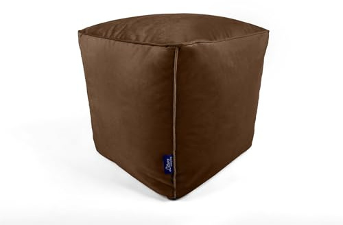 Littens Mocha Brown Square Cube Footstool Bean Bag, Soft Luxury Velvet, Ottoman Pouffe, Living Room Decorative Seat, Piped Detailing (41cm x 41cm x 41cm)