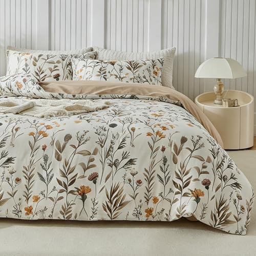 TTCM 4 Piece King Duvet Cover Set with Fitted Sheet, Floral Print | Easy-Use Zipper Closure, Includes 2 Matching Pillowcases, Durable Fade-Resistant Microfibre Fabric
