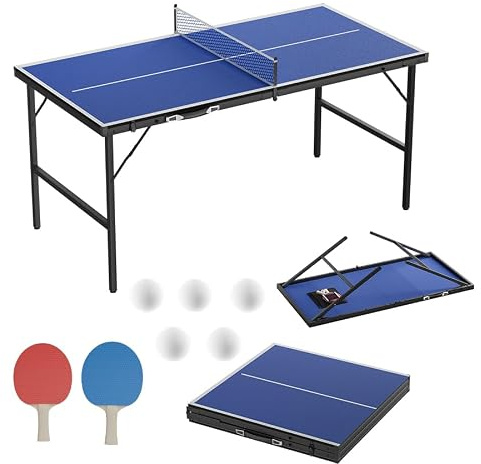 Aufun Mesa de ping pong plegable, diseño de maleta, tablero de fibra de densidad media, para interior y exterior, con red, 2 raquetas, 5 pelotas, bolsa de almacenamiento integrada, color azul, 152,5 x