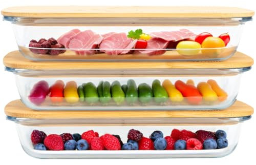 GUTHE Lifestyle 3er Set Aufschnittboxen für Kühlschrank glas, stapelbare Frischhaltedosen mit Holzdeckel, Auflaufform Set, Wurst und Käse Aufbewahrung