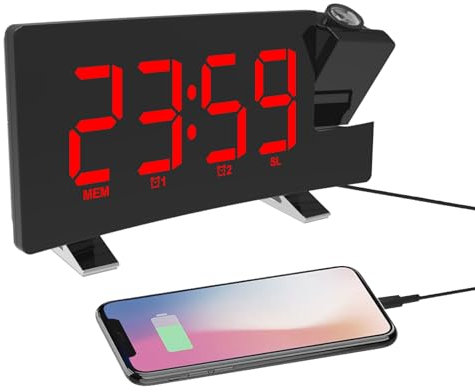 ThreeH Reloj Despertador de Proyección con Cargador de Teléfono USB Reloj Despertador con Radio con 2 Sonidos de Alarma / 4 Atenuador / 180 ° Giratorio / 5.5 Reloj con Pantalla LED Grande Rojo