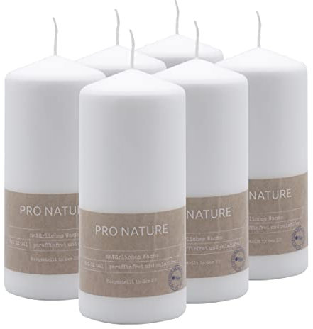 Müller Kerzen PRO NATURE Stumpenkerzen Gepresst - Weiß - 6er Set. - 6,8 x 15 cm - 32 Stunden Brenndauer - Natürliche Wachs - Paraffin- und Palmölfrei - Unparfümierte