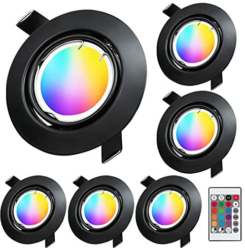 KYOTECH LED Einbaustrahler RGB +Warmweiss 3000K Schwenkbar 230V 5W Einbauleuchten Ultra Flach Lochmass φ68-80mm Schwarz Einbauspot Farbwechsel Dimmbar mit Fernbedienung 400LM Deckenspots 6er Set