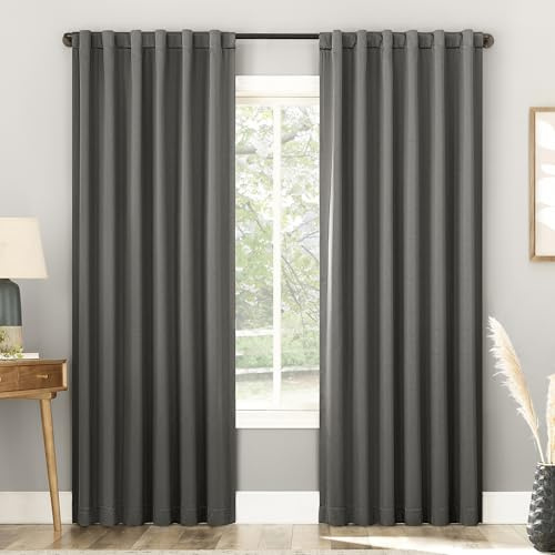 Sun Zero Belize 2-Pack Magnetic Closure Pleated Look Theater Grade 100% Total Blackout Back Tab Curtain Panel Pair, Gray, 52 W x 96 L (2 Panels)