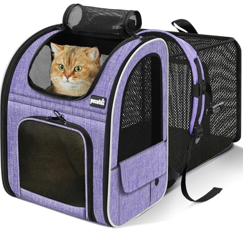 Pecute Cat Backpack Carrier Expandable, Pet Backpack for Cats & Small Dogs Up to 11lbs, with 4-Side Breathable Mesh, Multi-Entry & Lockable Zippers for Travel, Hiking, Camping - Hands Free, Purple